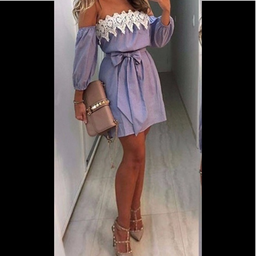 Blue striped off the shoulder summer dres